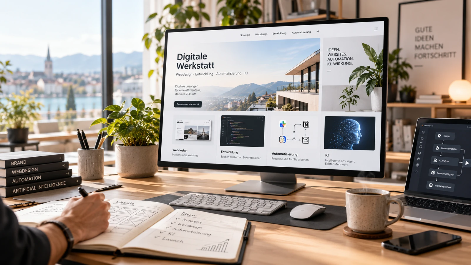 Digitale Werkstatt mit Webdesign, Entwicklung, Automatisierung und KI auf einem modernen Arbeitsplatz
