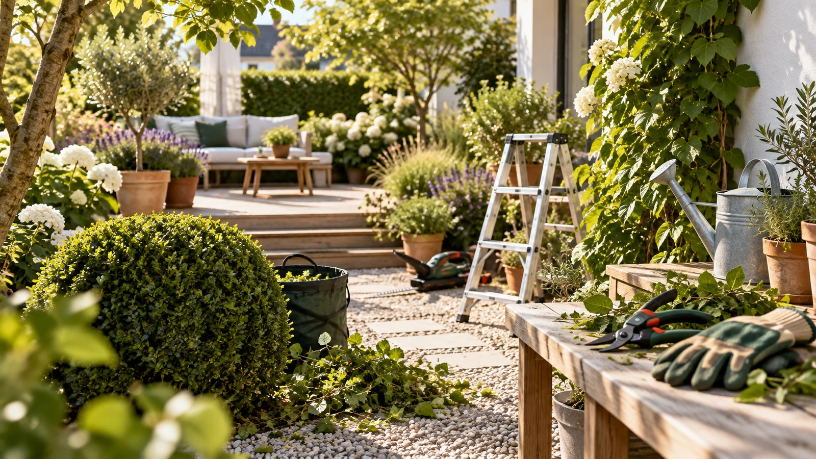 Haus und Garten mit Terrasse, Pflanzen und Werkzeugen