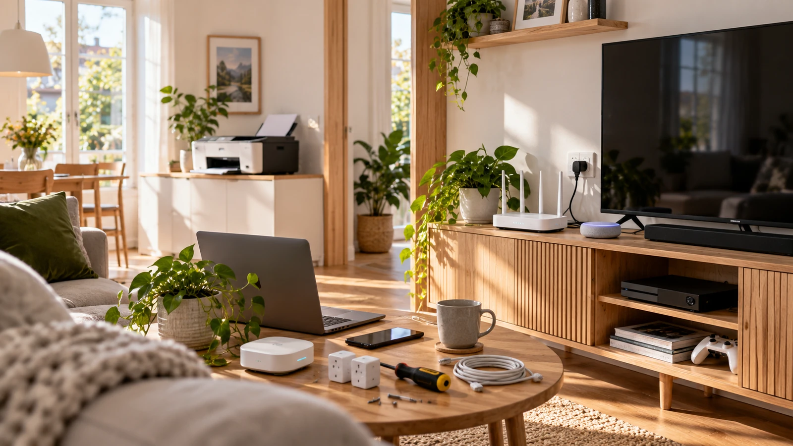 Technik-Hilfe im Wohnzimmer mit TV und Smart-Home-Geräten